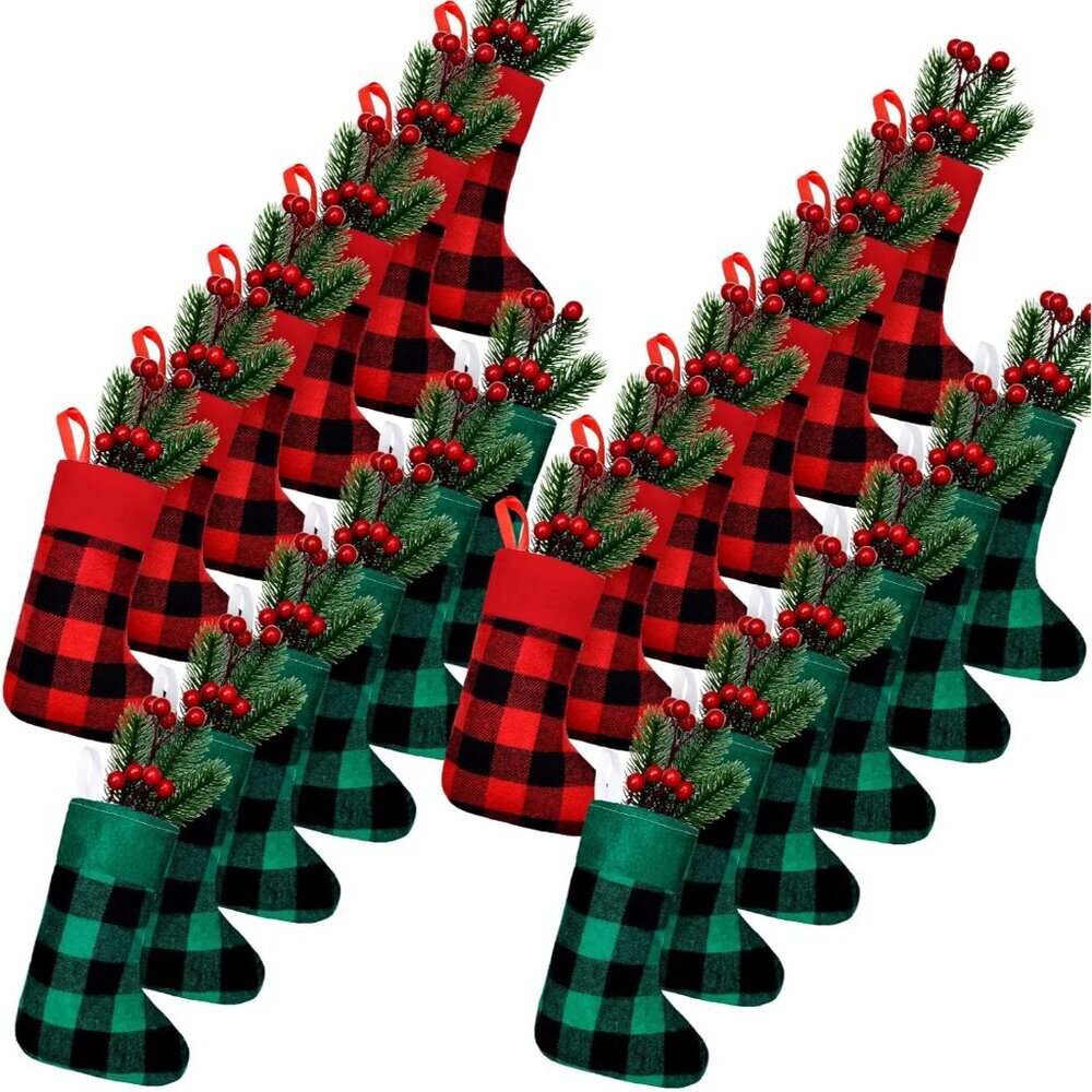 24 Pcs Christmas Stockings Bulk Mini Xmas Buffalo Plaid Stocking Plush Cuff Hang